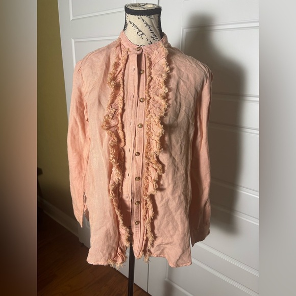 Pilcro Anthropologie Peachy Pink Placket Linen Ruffle Button Down Blouse XXS - Picture 3 of 8